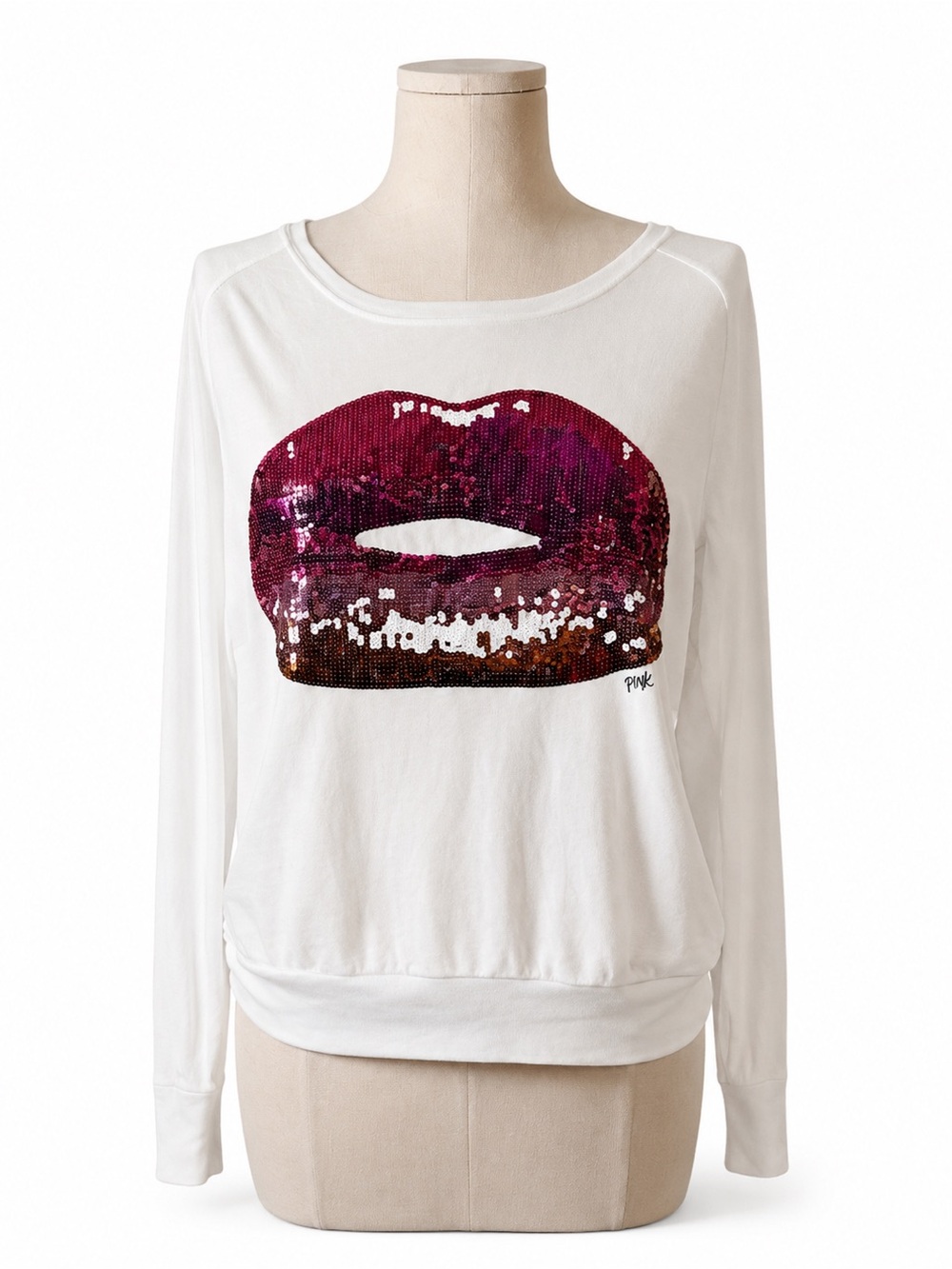PINK Victoriaโs Secret Sequin Lips Graphic Top Medium White Long Sleeve Y2K
